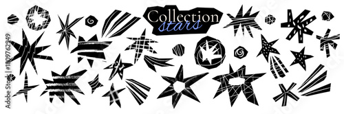 Cut out irregular star shapes for collages and zine design. Cut color explosion shapes with torn edge with scribble. Shape stars doodle scrap.