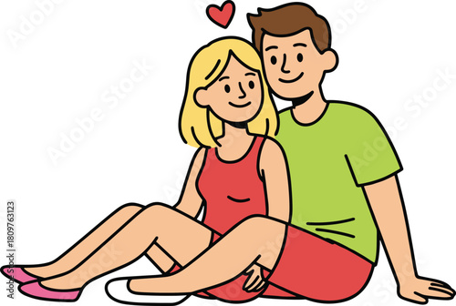 Romantic couple sitting together, love illustration, cartoon style vector, emotional connection, affectionate moment, happy relationship, heart symbol, casual clothing, outdoor scene