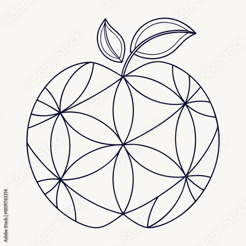 Stylized apple outline filled with geometric flower shapes and two leaves on top of the apple shape