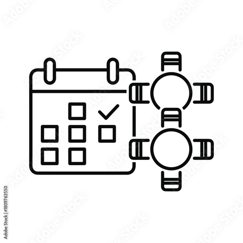 Event planning and reservation icon with a calendar showing dates and round tables with chairs