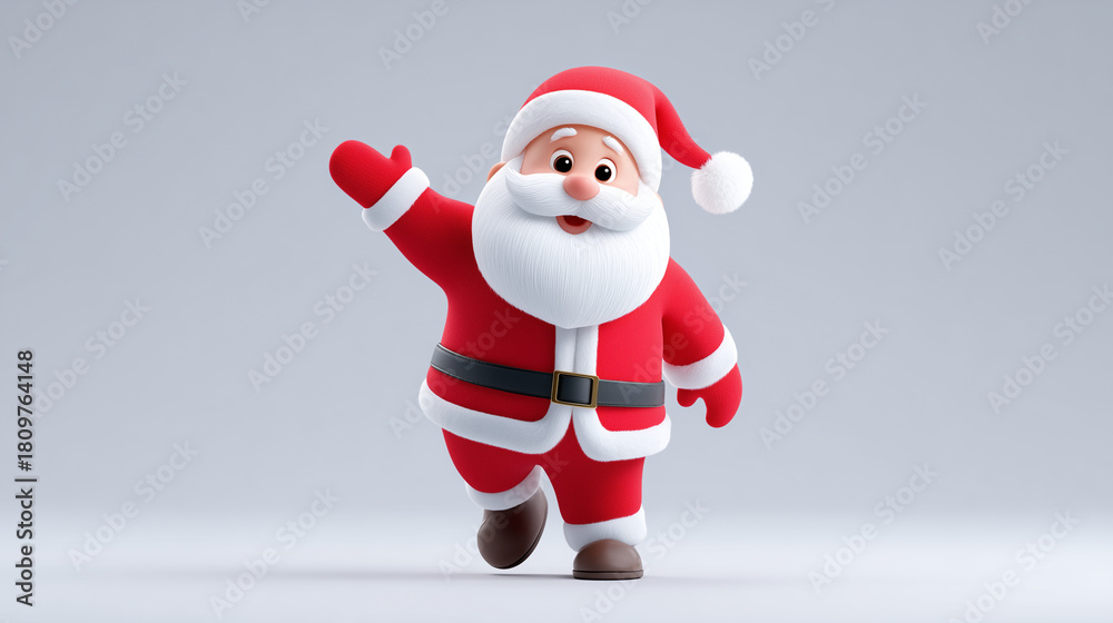 Obraz premium cute 3d santa claus waving on minimal background, perfect for christmas greeting cards, festive marketing banners, winter holiday promotions, kids illustrations, social media posts, seasonal advertise