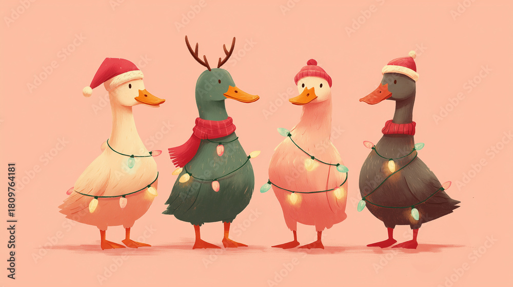 Obraz premium cute christmas ducks decorated with holiday lights and winter accessories, ideal for festive greeting cards, children’s illustrations, holiday invitations, playful posters, seasonal social media 