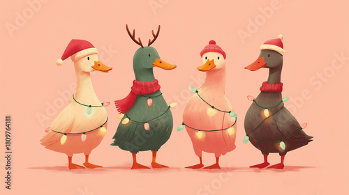 cute christmas ducks decorated with holiday lights and winter accessories, ideal for festive greeting cards, children’s illustrations, holiday invitations, playful posters, seasonal social media 