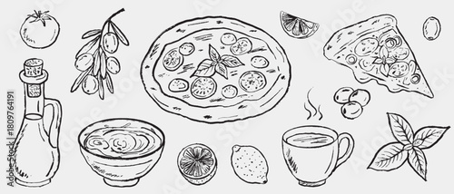 Hand drawn Italian food with pizza with tomato and basil toppings. Mediterranean ingredients olives, lemon, pasta, coffee, and fresh herbs. Vector sketch illustration in vintage crayon charcoal style