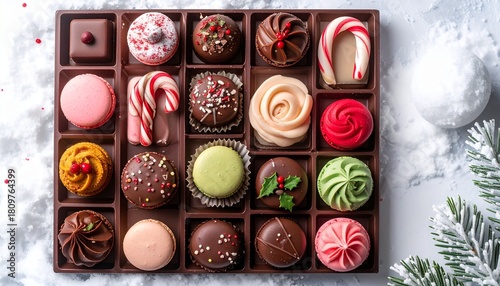 Wallpaper Mural クリスマスツリーとマカロンの詰め合わせ / Assorted macarons and cookies with festive designs next to decorated Christmas tree
 Torontodigital.ca