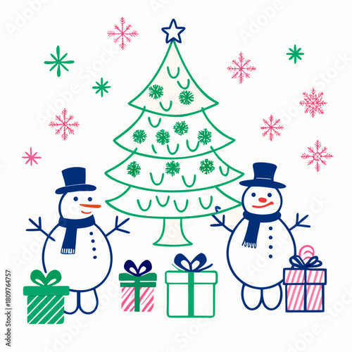 Christmas tree with snowmen and gifts 