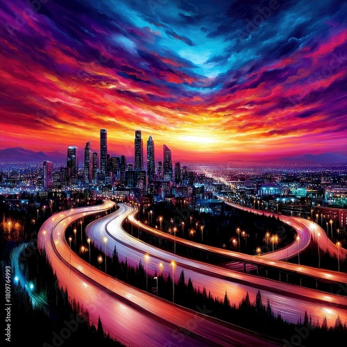 A sprawling city skyline is bathed in the dramatic colors of a sunset, with multi-level highways curving through the foreground.