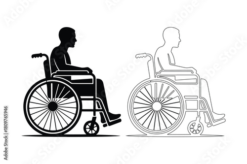 Silhouette and outline of person in wheelchair against white background