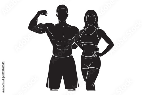 Fitness couple posing showing muscles workout silhouettes