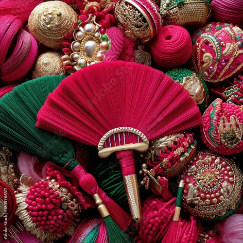 A close-up, overhead view of a festive collection of decorative items including fans, tassels, and ornate round ornaments in shades of pink, red, and green.