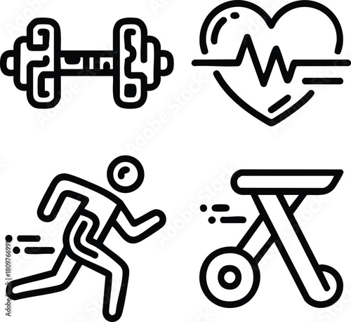 Fitness icons depicting exercise cardio health and active lifestyles in a minimalist style