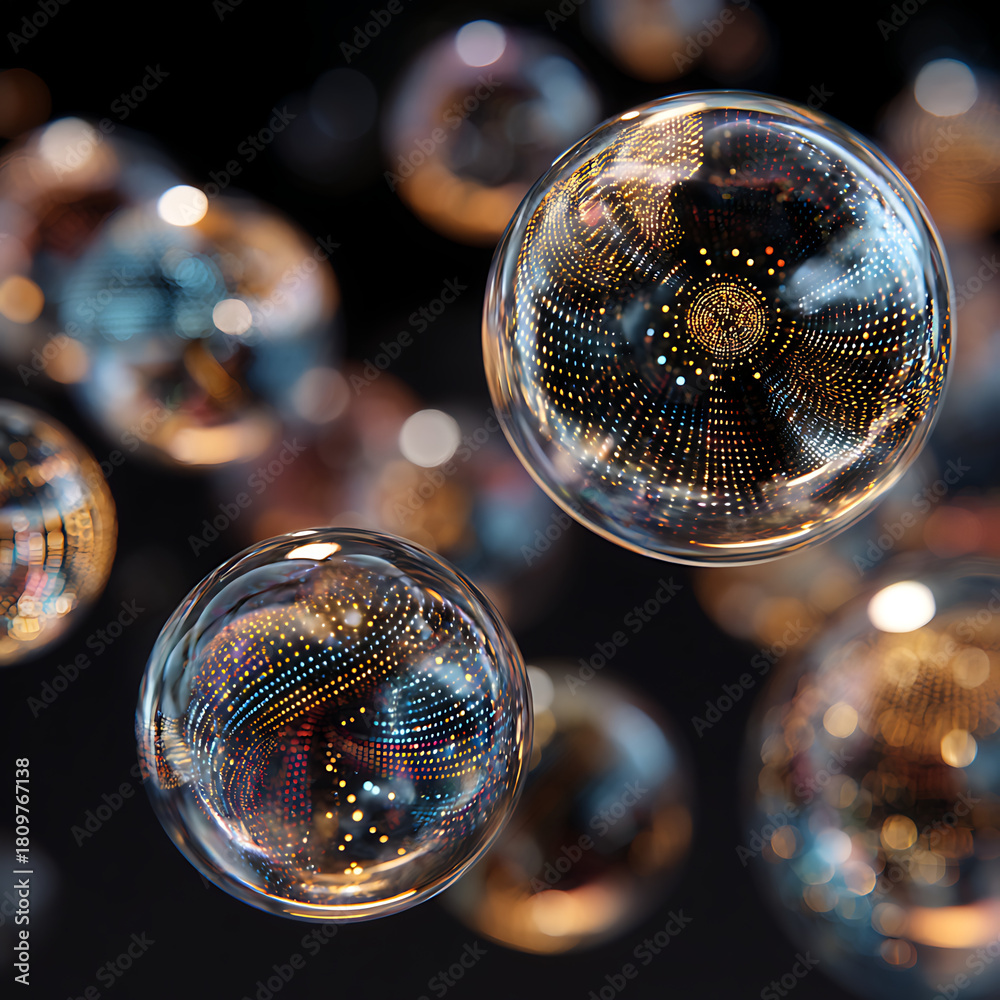 Fototapeta premium Floating transparent spheres filled with holographic patterns, symbolizing innovation and technology.