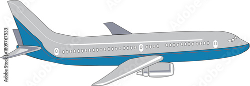 Simple illustration of a commercial passenger airplane with a blue and grey color scheme