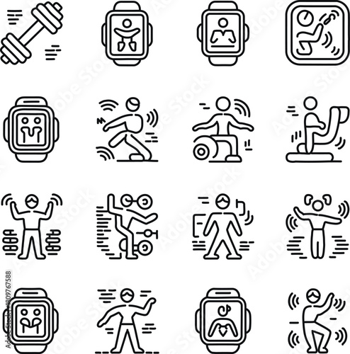 Fitness tracker icons depicting various exercises and workout activities for a healthy lifestyle