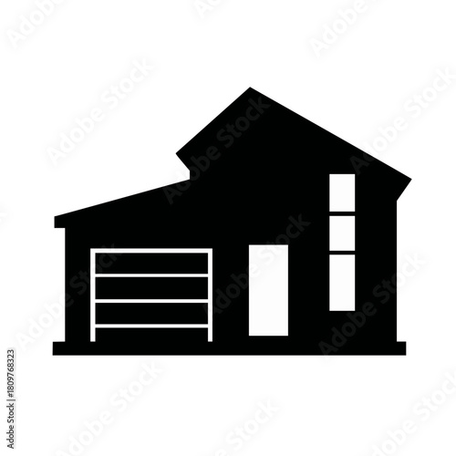 Silhouette of a modern house with cantilevered upper floor and open carport, white background