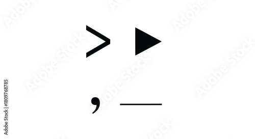 Black geometric symbols and punctuation marks, comma, dash, play button Vector