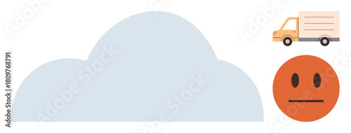 Neutral orange face, delivery vehicle, large gray cloud signifying setbacks or delays. Ideal for logistics, shipping, service disruption, ecommerce, weather challenges, emotion simple flat metaphor