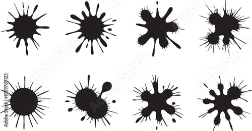 High-Resolution Abstract Black Ink Splatters and Drip Shapes Collection – Artistic Liquid Splashes, Blots, and Spatter Silhouettes for Design and Texture Effects.