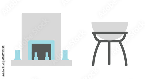 Stylized flat icons of fireplace hearth and outdoor grill for home concept Vector