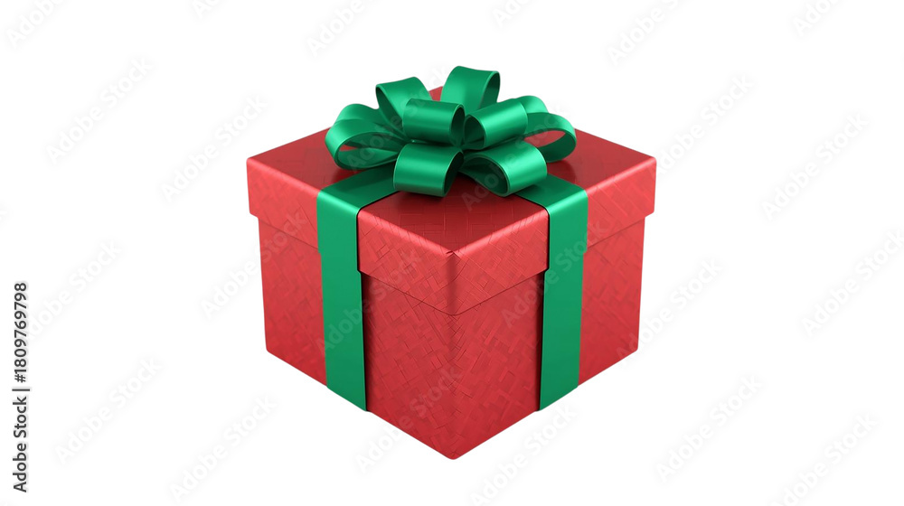Obraz premium Vibrant red gift box with a festive green ribbon and bow, perfect for holiday promotions, birthdays, and celebrations. High-quality PNG with transparent background.