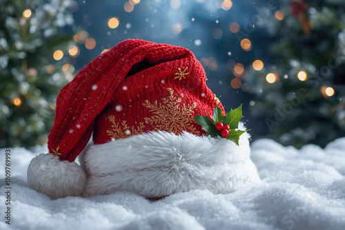 Red Santa had on snow floor with Christmas decoration in happy festival time