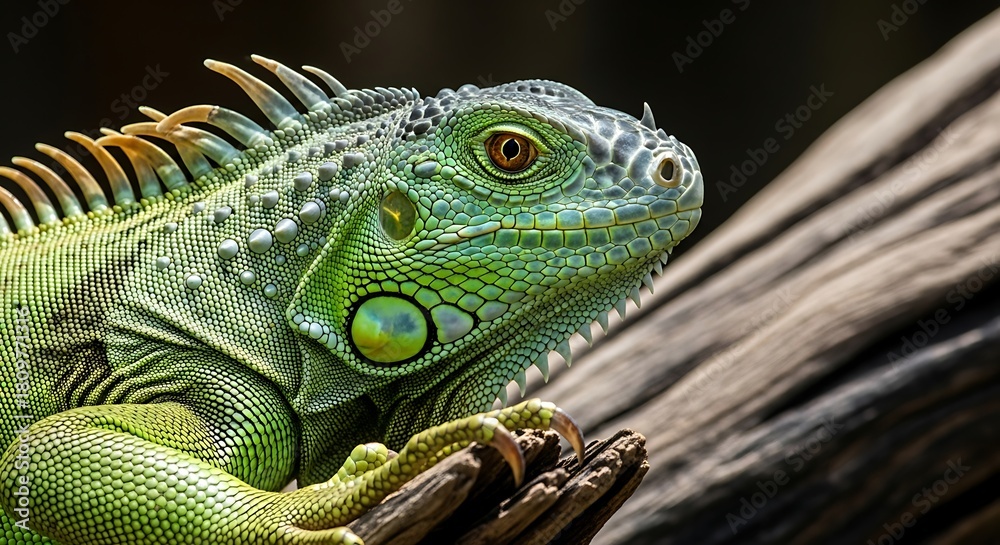 Fototapeta premium Close up of a green iguana resting on a branch with a dark background behind it