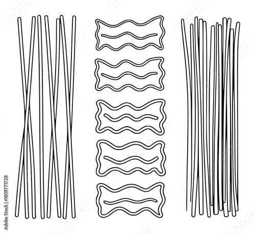 Assortment of Dry Pasta Shapes Spaghetti and Wavy Noodles