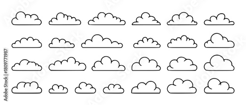 Collection of Simple Outline Cloud Icons on White Background