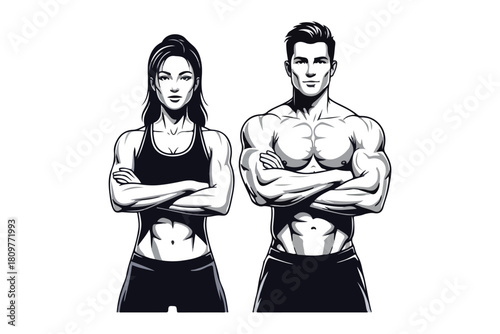 Fitness couple bodybuilding with arms crossed illustration concept