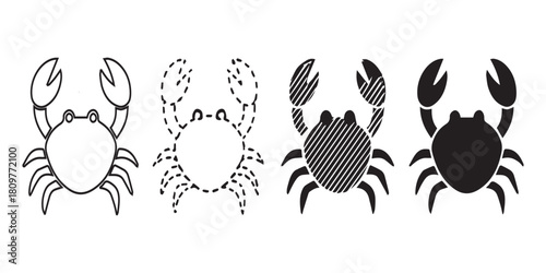 Four crab illustrations in different styles: outline, dotted, hatched, and solid black.