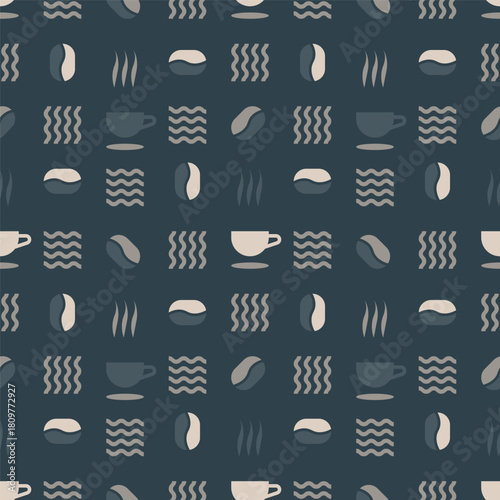 Geometric Seamless Coffee Pattern Background with Beans and Cup Illustration