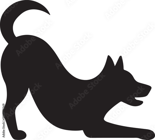 A simple black silhouette of a dog in a playful stretching pose