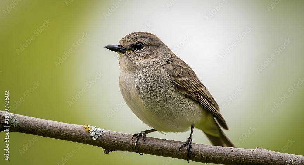 Fototapeta premium Small bird with grey and white plumage perched on a branch against green backdrop