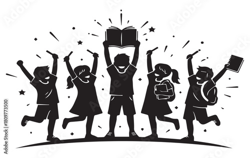 Illustration of children celebrating with books and school supplies.