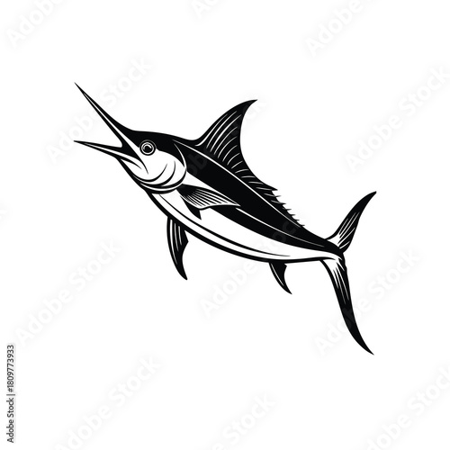 Black and white stylized marlin fish illustration isolated on white background
