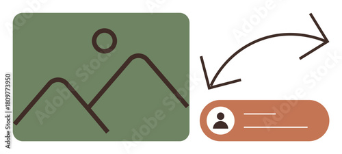 Abstract depiction of image sharing and profile interaction using curved arrows, a photo frame, and user icon. Ideal for communication, technology, collaboration, sharing, networking, interface