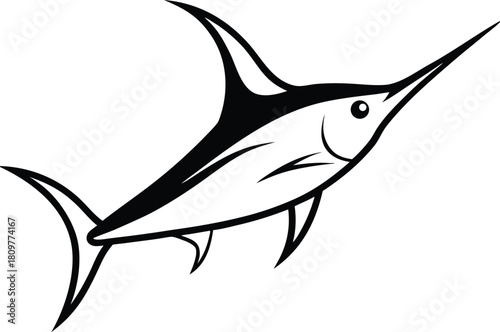 Stylized black and white marlin fish illustration isolated on white background
