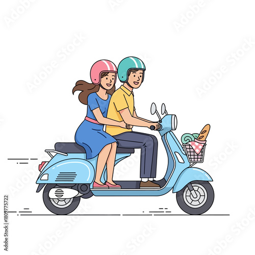 Whimsical scooter ride: A couple's joyful adventure on a vintage blue moped illustration