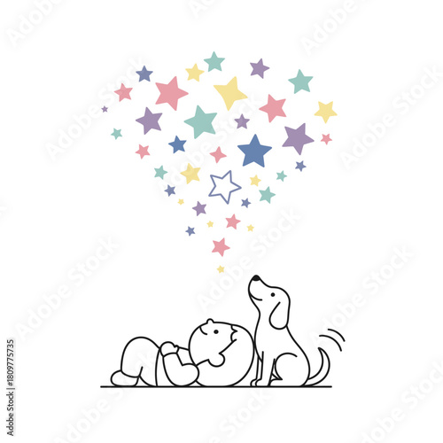 Childhood imagination: A dog and baby gazing at a dazzling constellation of dreams