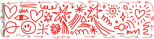 Collection colorful charcoal doodle elements like stars. Whimsical red doodle art featuring hearts stars and smiley faces. A vibrant red doodle pattern filled with playful symbols like hearts, stars, 