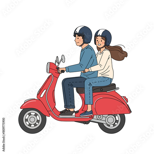 Charming cartoon illustration of a young couple riding a vibrant red scooter together enjoying a