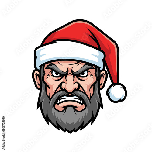 Irritated holiday character with determined expression wearing a classic red santa hat for