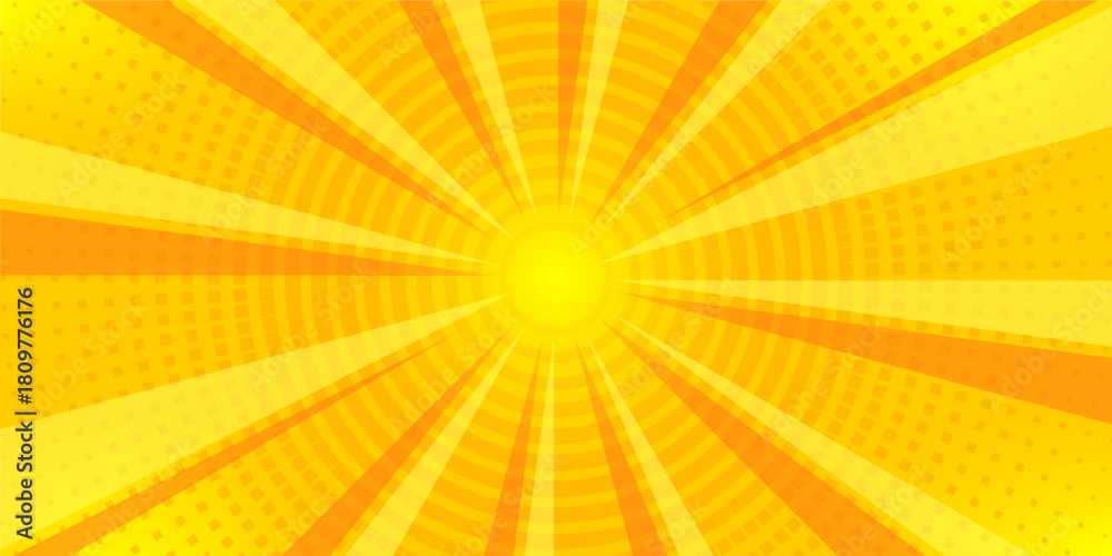 Fototapeta premium Bright Summer Yellow Sunburst Comic Background with Radial Halftone Dots