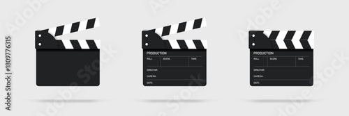 3d realistic open and close movie film series clap board icon isolated on white screen. Movie clapper icon symbol sign for user interface, mobile app, website and film industry