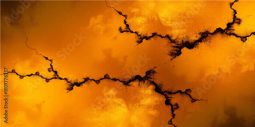 Grunge abstract black silhouette of a dead tree with branches against a cracked white paint background under a sunset sky