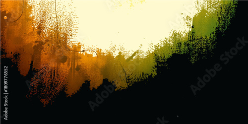 Golden sunset light silhouettes trees across a diverse nature landscape of mountains, forests, and desert under an orange and red sky