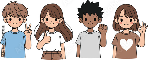 Cartoon characters showing peace, thumbs up, fist, OK sign, friendly gestures, emotional expressions, multicultural style, vector illustration for positive communication themes