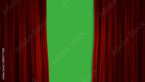 Animated video red curtain moving on green background.
