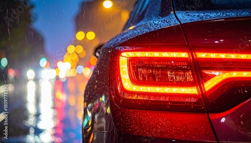 Close-up view of a car's red brake lights illuminated in the rain at night, with blurred city lights in the background