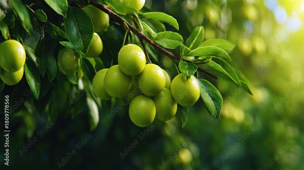 Fototapeta premium Cluster of ripe green cherries glistening with dew on a lush branch.